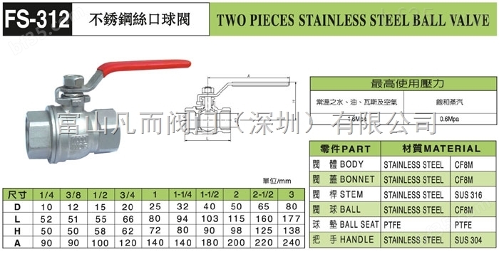 不锈钢二片式球阀FS312 中国台湾富山球阀